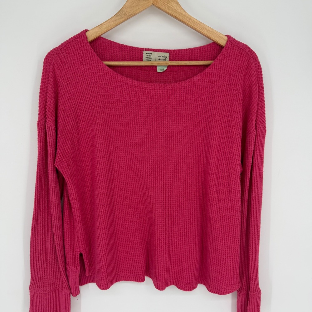 Saturday Sunday Anthropologie Top Pink Waffle Knit Thermal Long Sleeve Scoop